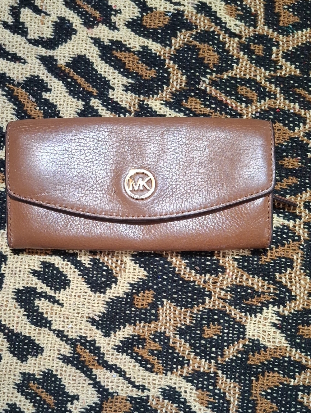 Michael Kors Brown Leather Continental Wallet with Gold MK Emblem